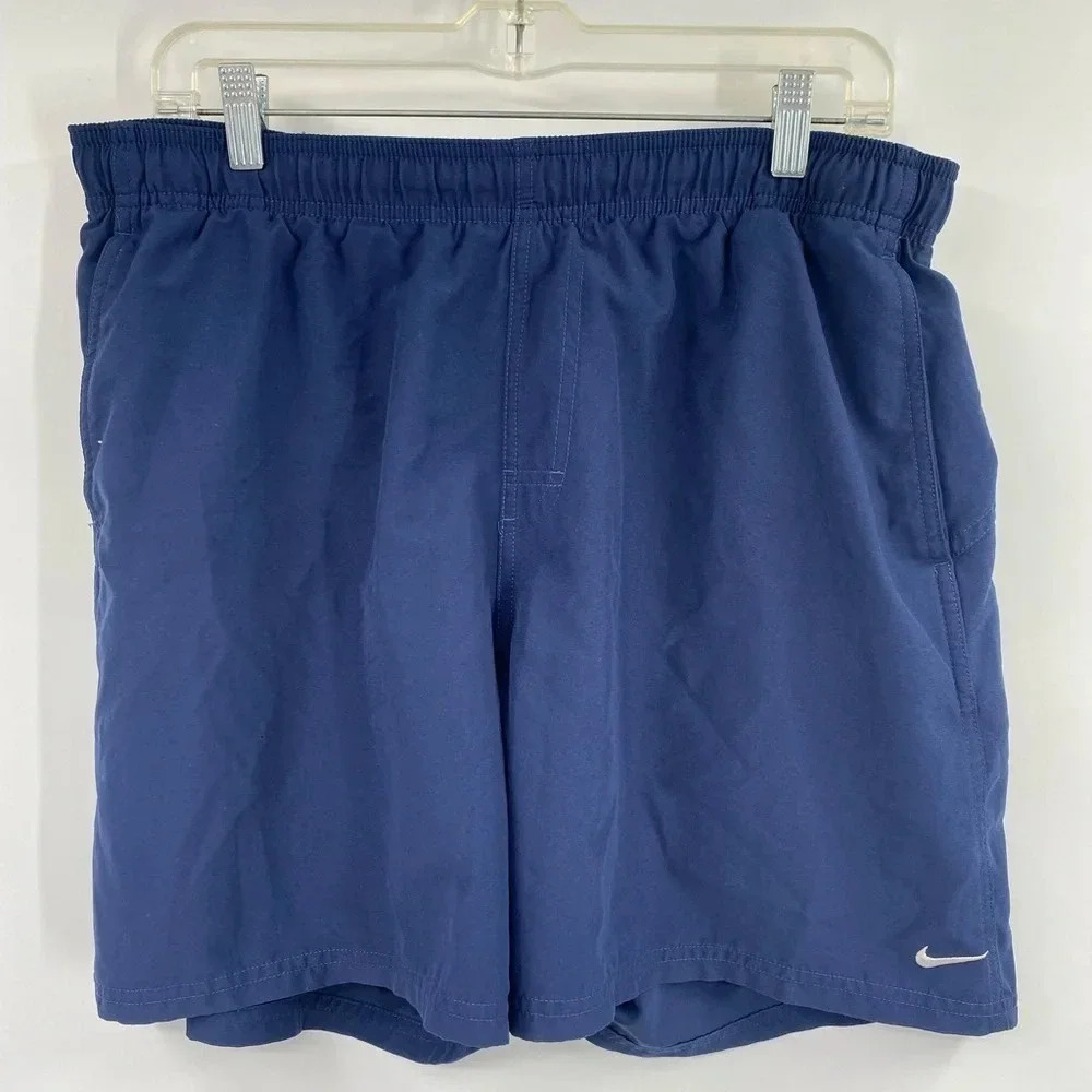 NIKE Mens Size L Solid Blue drawstring Swimming Trunks Boardshorts Vintage Y2K